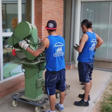 Operarios de Mudanzas Barafiguer moviendo una máquina pesada con carretilla junto a un edificio